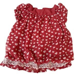Healthtex Heart Print Blouse Girls 3T Red Lace Trim‎ Puff Sleeve Chiffon Top